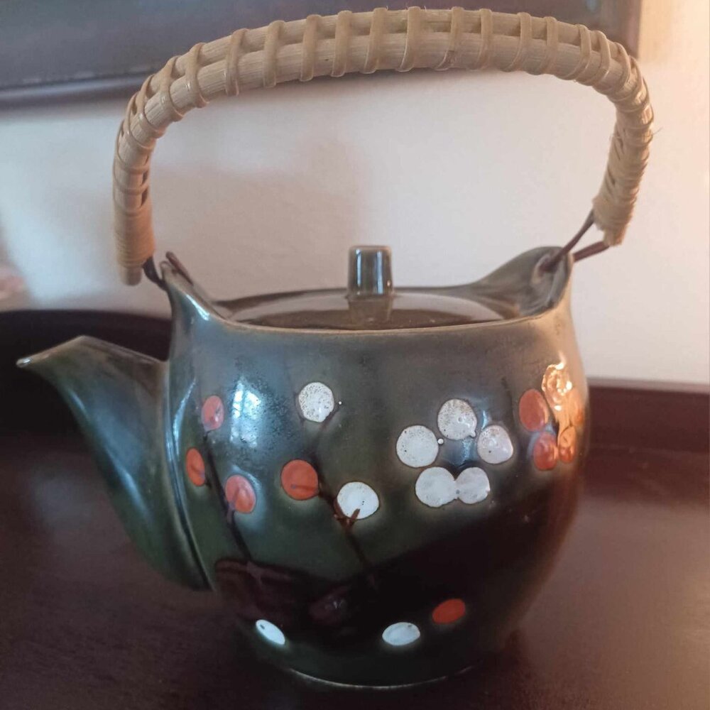 Vintage Mossy Green Ceramic Asian Teapot with Bamboo Wrapped Handle